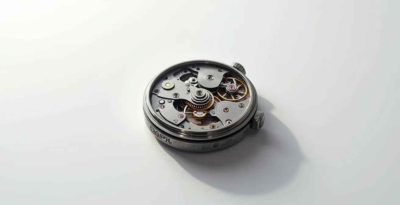 Three-dimensional view of watch movement showing gear train relationships and spatial depth